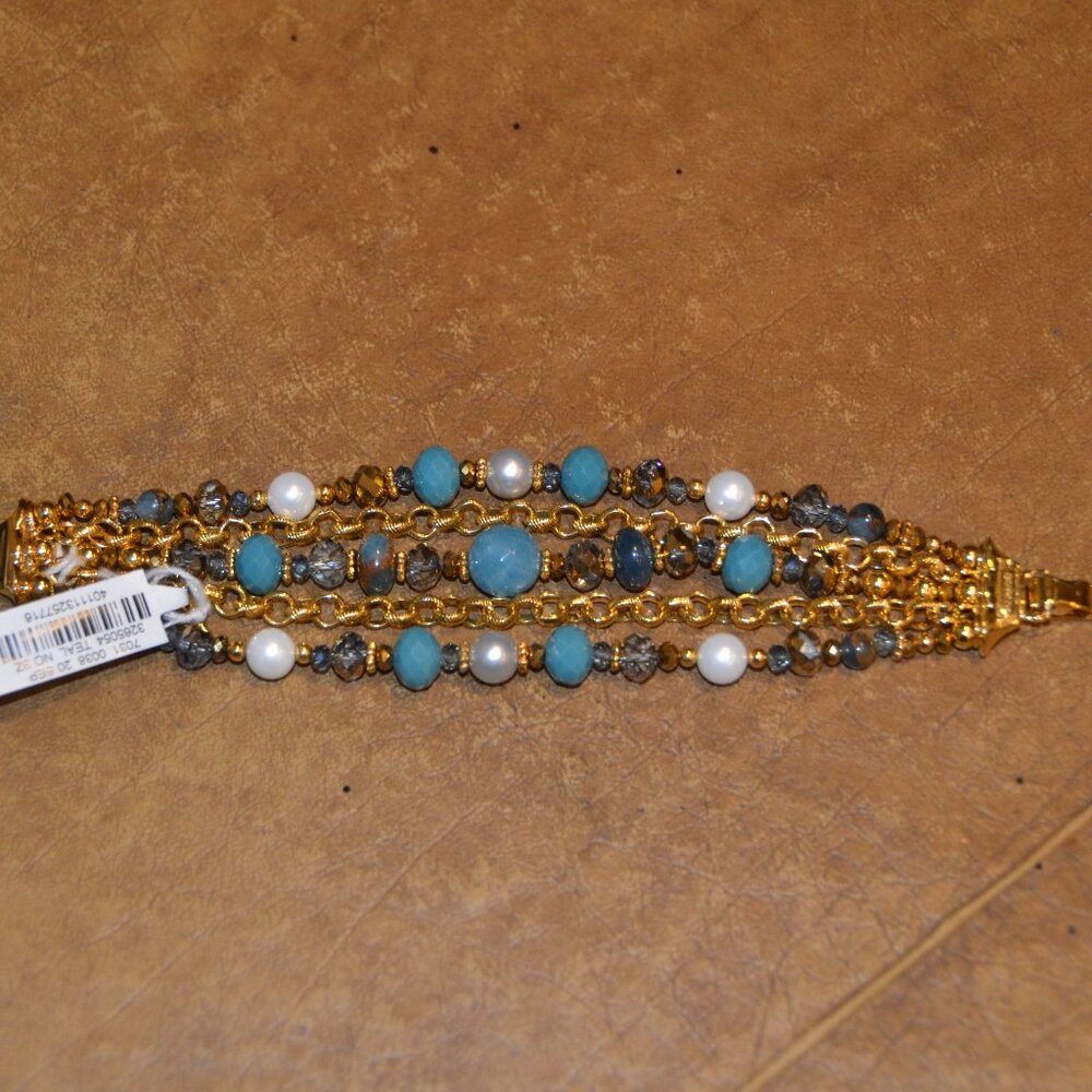 RARE VINTAGE JOSE & MARIA BARRERA TURQUOISE CRYSTAL PEARL GOLD STRAND BRACELET